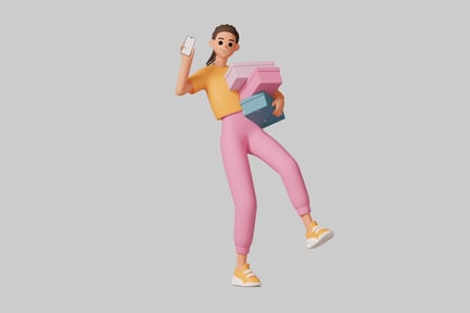 Preview: Cartoon woman holding a cell phone and three boxes