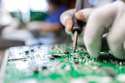 Vorschau: Naharbeiter lötet elektronisch Leiterplatten in einer Elektronikfabrik