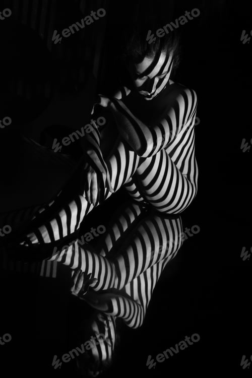 Preview: The Nude Woman And Her Reflection With Black And White Zebra Stripes. Black-And-White Photo Created