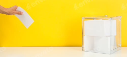Preview: Man putting ballot into voting box on yellow background