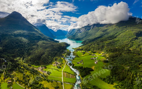 Preview: Beautiful Nature Norway natural landscape. lovatnet lake Lodal valley.