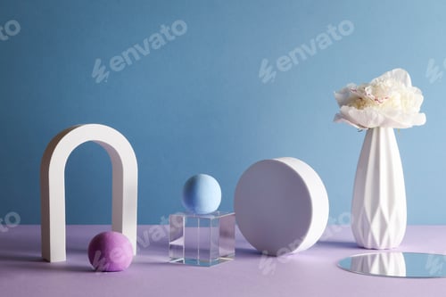 Preview: dimensional compositions of geometric shapes concept. transparent cube with circles and flower