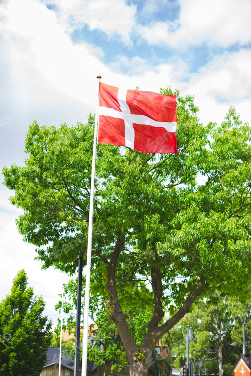 Preview: Vertical shot of the flag of Denmark hanging on a pole placed outdoors near the tree