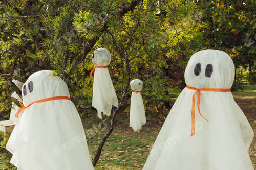 Preview: Halloween DIY ghosts decoration hanging on tree. Autumn outdoor decor ideas