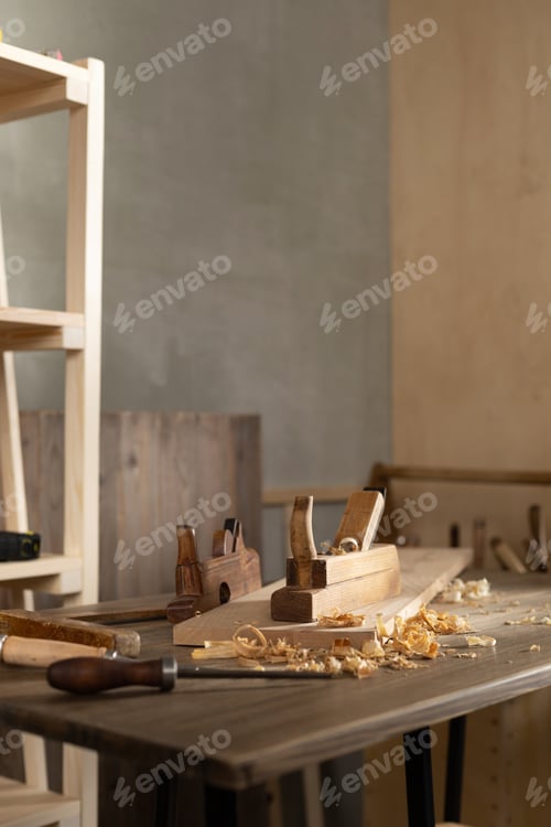 Preview: Woodworking tools on wooden table. Wood working or joiner tool