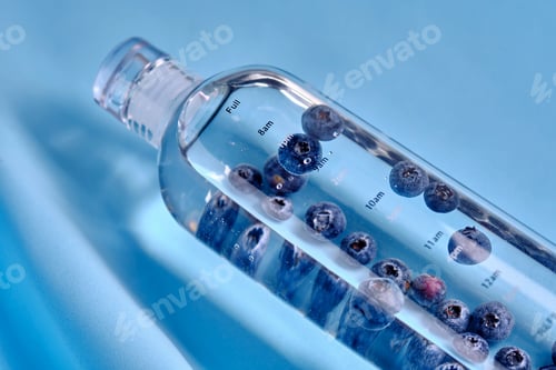 Preview: A glass bottle of pure water with blueberries.