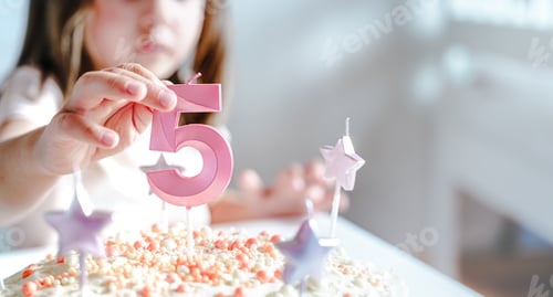 Preview: Big pink 5 number candle on homemade cake. Creative congratulations on five years for child girl.