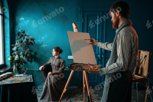 Preview: Artist with palette and brush in front of easel