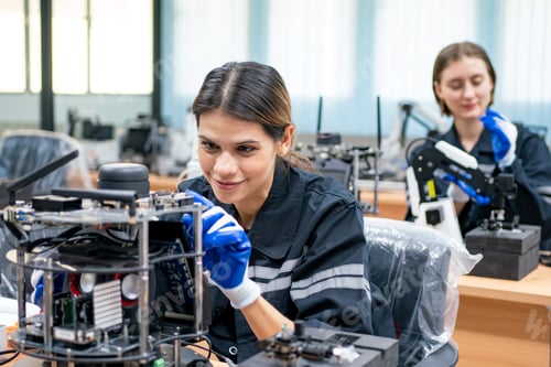 Preview: Female Engineer check and control automation robot arms machine in factory. robotics manufacturing.
