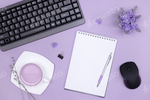 Preview: Women workplace in lavender color top view flat lay. Female workspace office desk