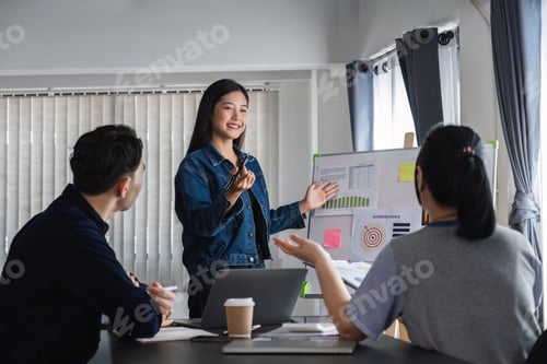 Preview: A professional business team is meeting to discuss company management practices in a modern