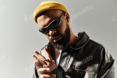 Preview: Stylish young man showcasing modern fashion in a studio setting during the day