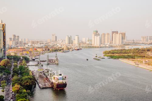 Preview: Elevated view of waterfront and skyscrapers, Downtown Ho Chi Minh city, Vietnam