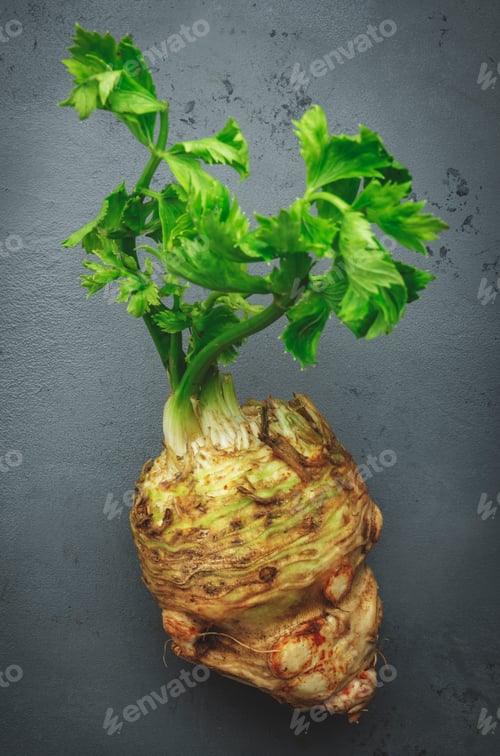 Visualização: Raiz de aipo com caules verdes, fundo de mesa de cozinha em pedra cinza, vista superior