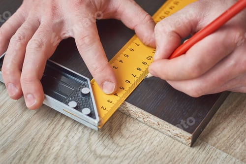 Preview: Male hands with ruler and pencil taking measurement of a wooden plank