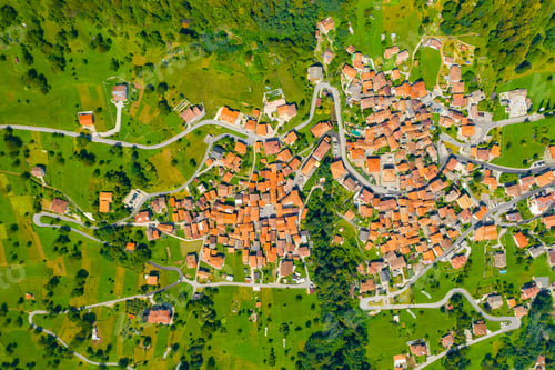 Preview: High angle view of houses with red roofs amoung trees on the top of the mountain in summer. Arial