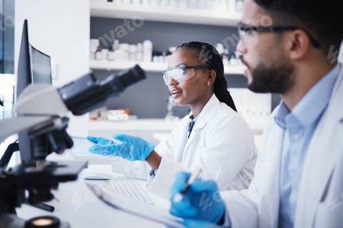 Preview: Scientist man, woman and checklist in laboratory with microscope, pc or analysis for virus dna at p