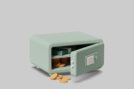 Preview: Open safe with gold coins and bills.