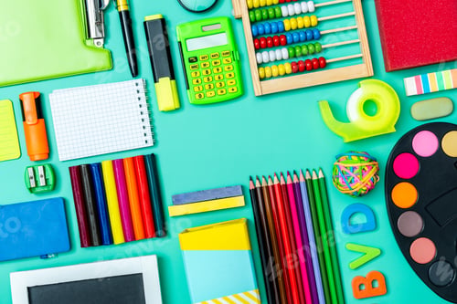 Preview: Back to school background. Stationery colorful items, flat lay top down view