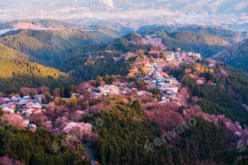 Preview: Mount Yoshino with traditional village among cherry blossom or sakura blooming in Japan
