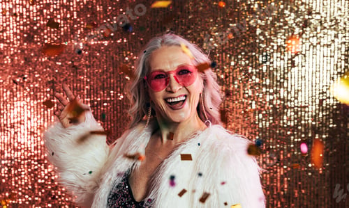 Preview: Laughing woman in white fur coat throwing confetti in studio against glitter background