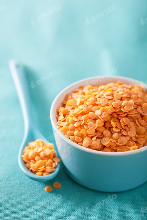 Preview: raw healthy red lentils in bowl