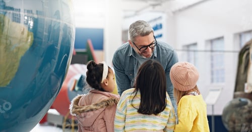 Preview: Science, geography and kids learning about the earth with a teacher at school for growth or develop