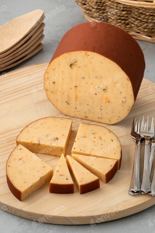 Preview: Piece and slice of Dutch smoked cheese with a mixture of herbs