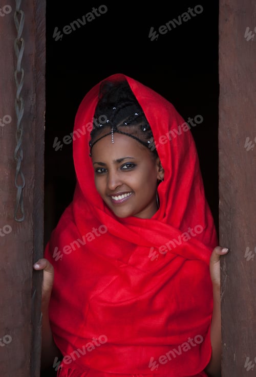 Preview: Portrait of young Amhara woman at open door, Ethiopia, Africa