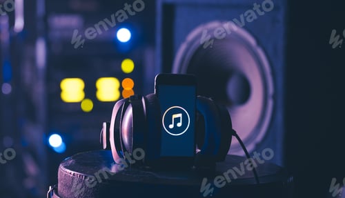 Preview: Musical background with a phone and headphones on a dark background.