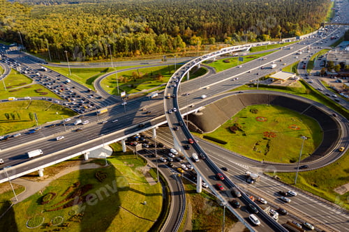 Preview: Aerial view of a freeway intersection traffic trails in Moscow.