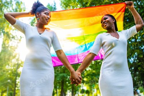 Preview: brazilian lesbian couple in white dress spending time together celebrating engagement in summer park