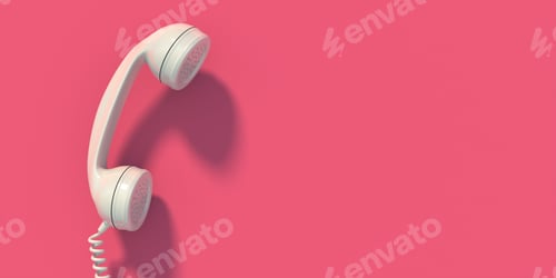 Preview: Vintage telephone, white old phone handset on pink wall background, copy space. 3d illustration