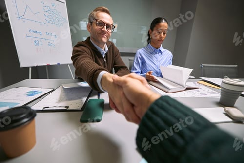 Preview: Caucasian Middle Aged Man Shaking Hands with Young Black Woman during Meeting