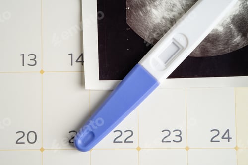 Preview: Pregnancy test with ultrasound scan of baby uterus, contraception health and medicine.
