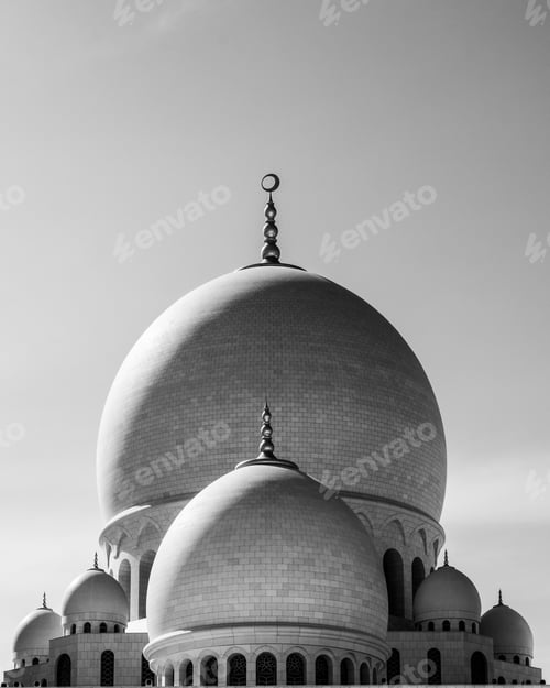Preview: Greyscale shot of the Sheikh Zayed Grand Mosque in Abu Dhabi, United Arab Emirates