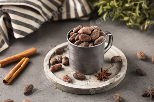 Preview: Cocoa beans on a dark grey background. Roasted cocoa beans.