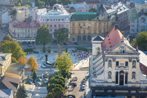 Preview: Aerial view of Svobody Avenue and Jesuit Church - Lviv, Ukraine
