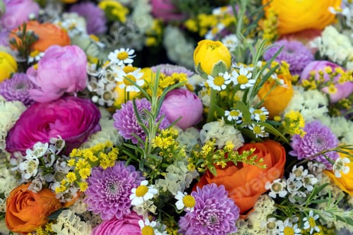 Preview: Fresh wild flower and herb background close up. Garden nature, Spring. Women or Mothers day bouquet
