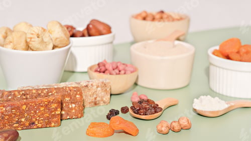 Preview: Healthy lifestyle and raw vegan food concept. homemade energy bars and dried fruits and nuts.