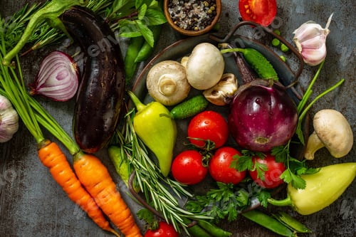 Preview: Organic food background. Assorted raw organic vegetables, healthy food. Top view flat lay.
