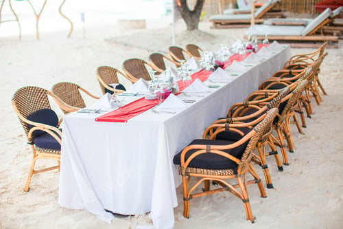 Preview: Summer empty open air table on beach at sunset