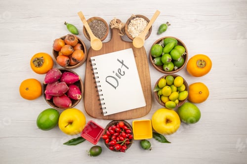 Preview: top view fresh fruits composition on white background berry citrus health tree color tasty photo