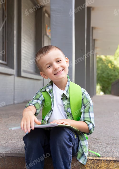 Visualização: um menino de aparência europeia, um estudante, senta-se na varanda da escola.