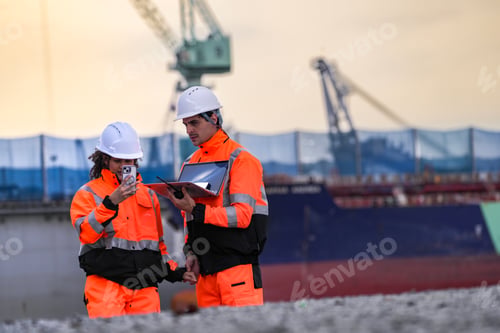 Preview: Two engineers wearing gear review plans on a laptop at a shipyard,