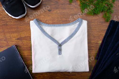 Preview: Composition of clothes, shoes, notebook and tree branches on wooden background