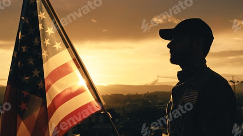 Preview: Silhouette of Military Salute of soldier for memorial day against flag at sunset