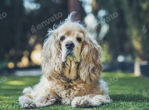 Preview: Funny dog lying on ground between plants