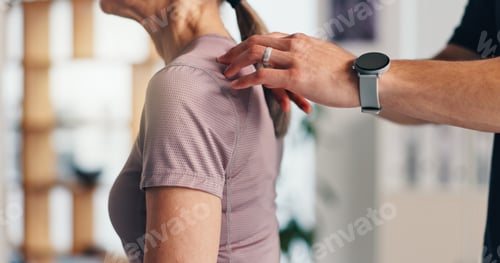 Preview: Shoulder pain, physiotherapy and consulting with old woman in clinic for healthcare, osteoarthritis