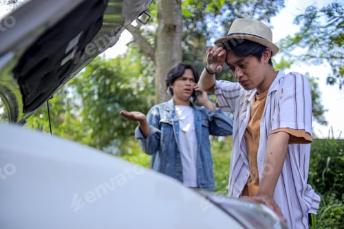 Preview: Men Open Car Hood, Looking Tired and Stressed While The Other Calls For Help